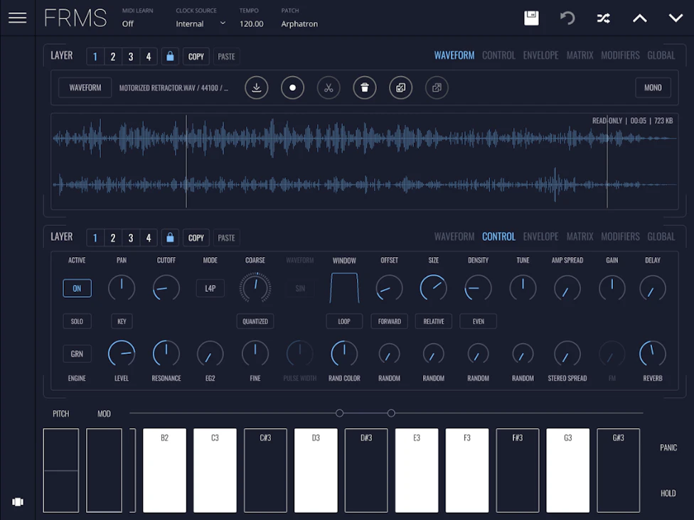 FRMS granular synthesizer app for iPad turning samples into evolving textures, drones and atmospheric sounds