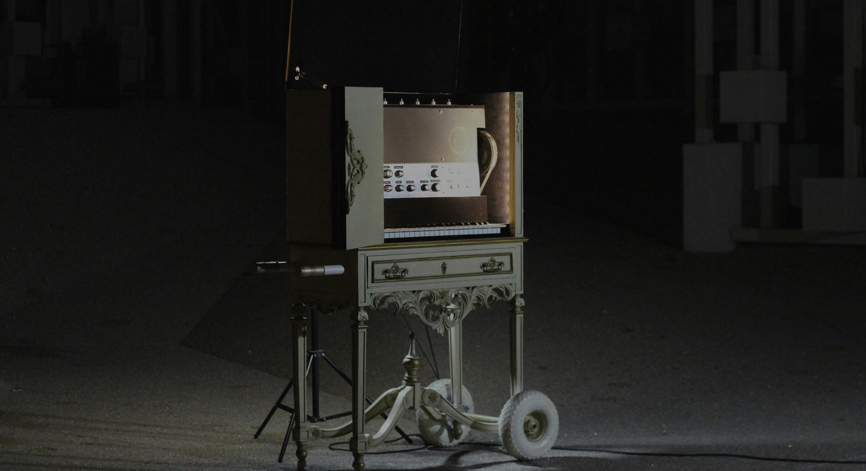 Overview of digital music box: a vintage furniture transformed into a DRC analog synthesizer from Imaginando