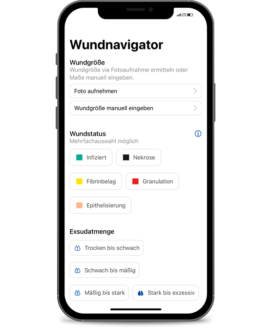 Auswählen: Die relevanten Wundkriterien mit Hilfe der App eingeben.
