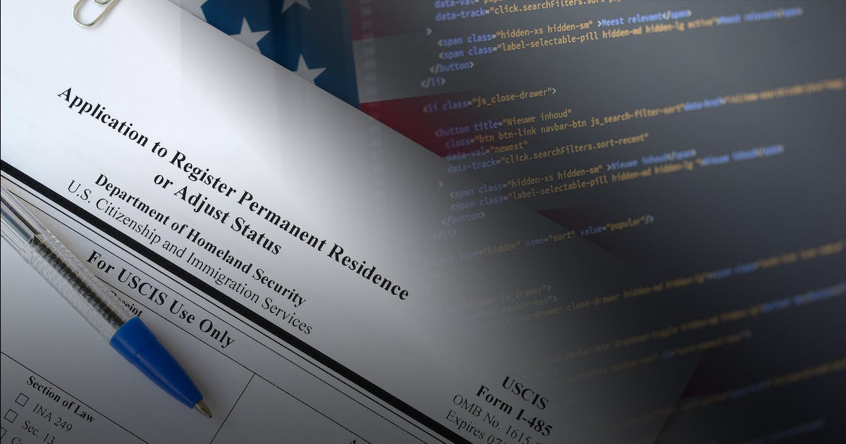 A mock USCIS form interlaced on top of unrelated code.