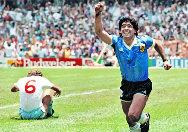 Diego Maradona celebrating his second goal scored to England during the 1986 FIFA World Cup.