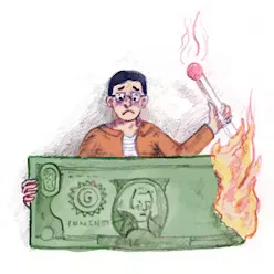 Illustration d'un personnage triste qui brûle un billet