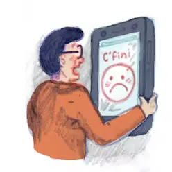 Illustration d'un personnage qui tient un téléphone géant qui affiche un visage triste