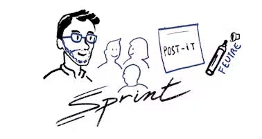 lllustration groupe de personnage et post-it. Il est écrit "Sprint"