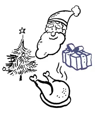 Illustration d'un sapin de noël avec le père noël, une dinde et un cadeau