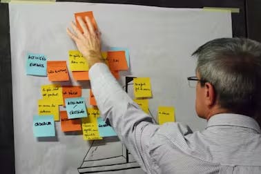 Photo d'atelier, homme qui colle un post-it