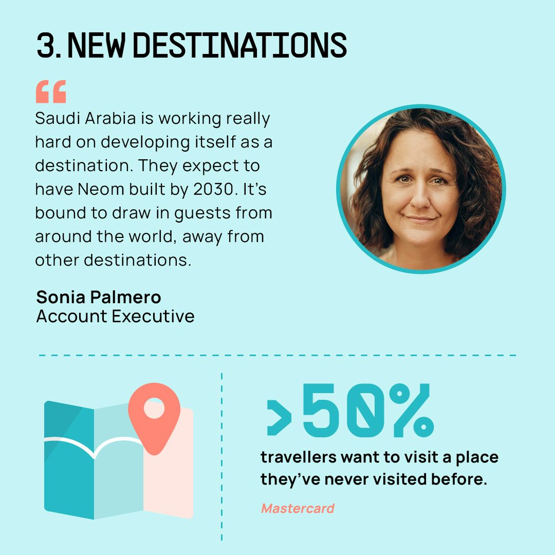 New Destinations  "Saudi Arabia is working really hard on developing itself as a destination. They expect to have Neom built by 2030. It's bound to draw in guests from around the world, away from other destinations." ~ Sonia Palmero, Account Executive  Stat: More than half of travellers polled desire a visit to a place that they’ve never visited before.
