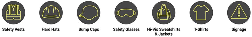 Put your company logo on safety vests, hard hats, bump caps, safety glasses, hi-vis sweatshirts and jackets, t-shirts and signage.