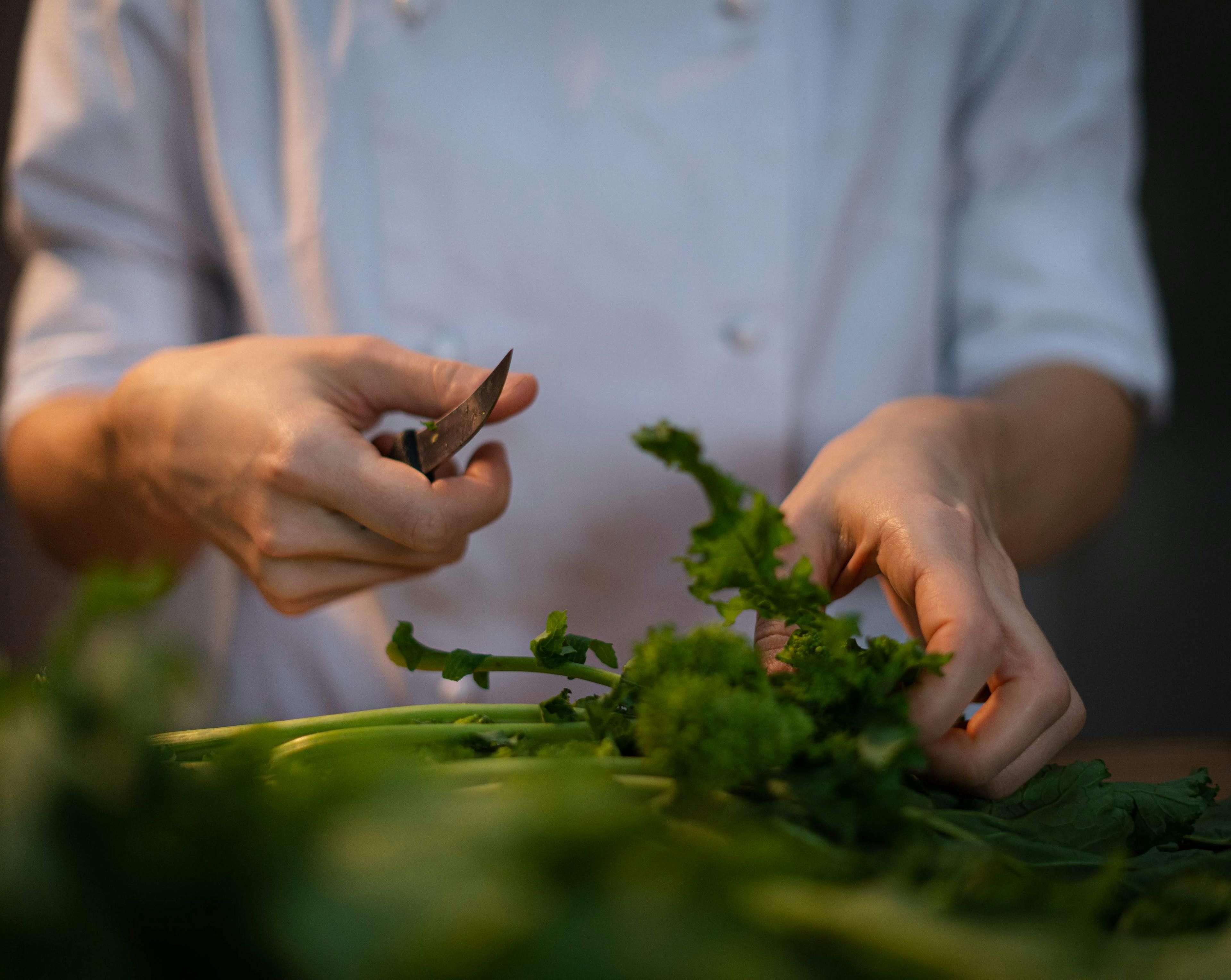 Due mani che puliscono delle cime di rapa con un coltellino, inquadratura ravvicinata, sullo fondo una giacca bianca da chef.
