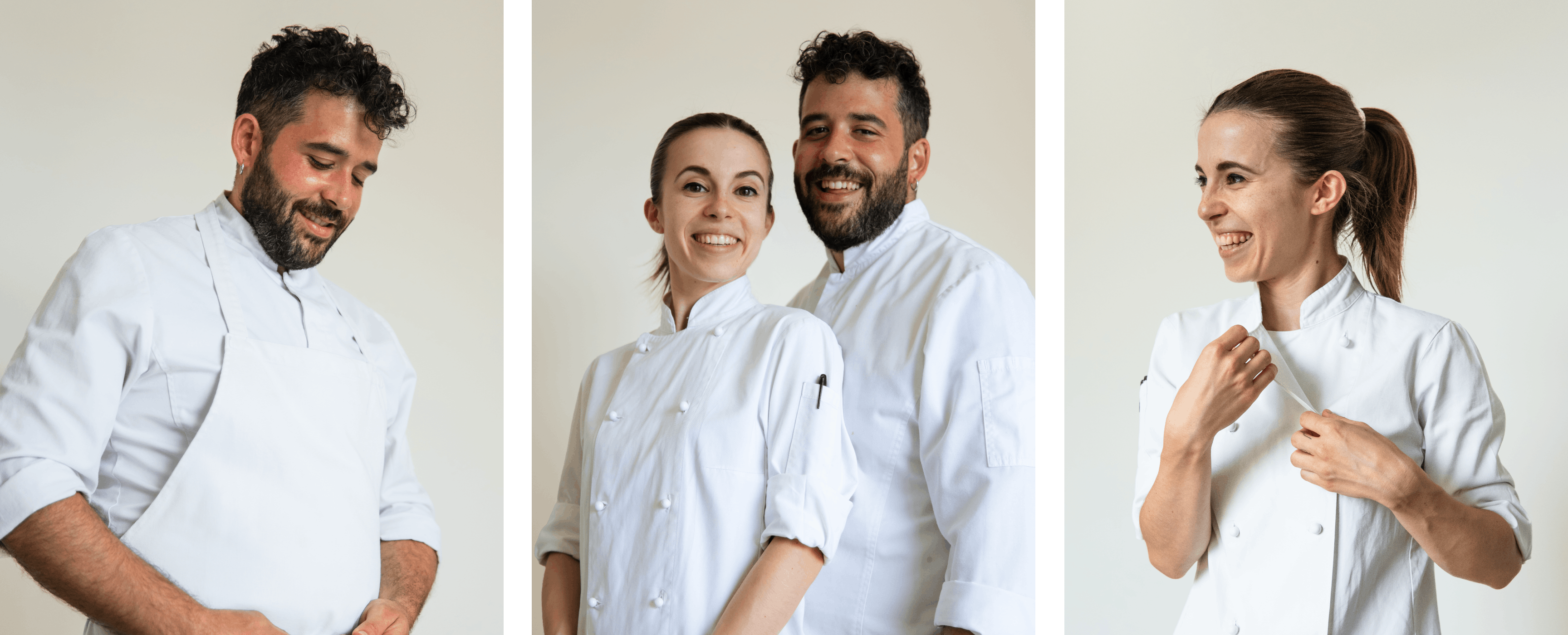 Gabriel Cinque e Valeria Loi, gli chef e i founder di Impronta, in divisa da lavoro (giacca bianca da chef)