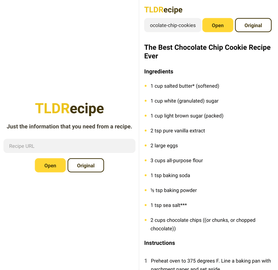 Landing screen and recipe screen