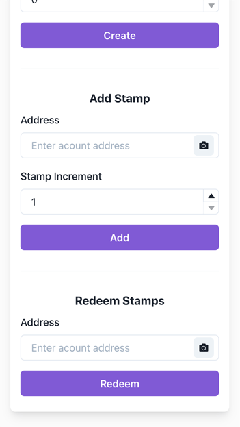 Owner dashboard containing section to add and redeem stamp