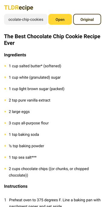 Ingredients section of the screen