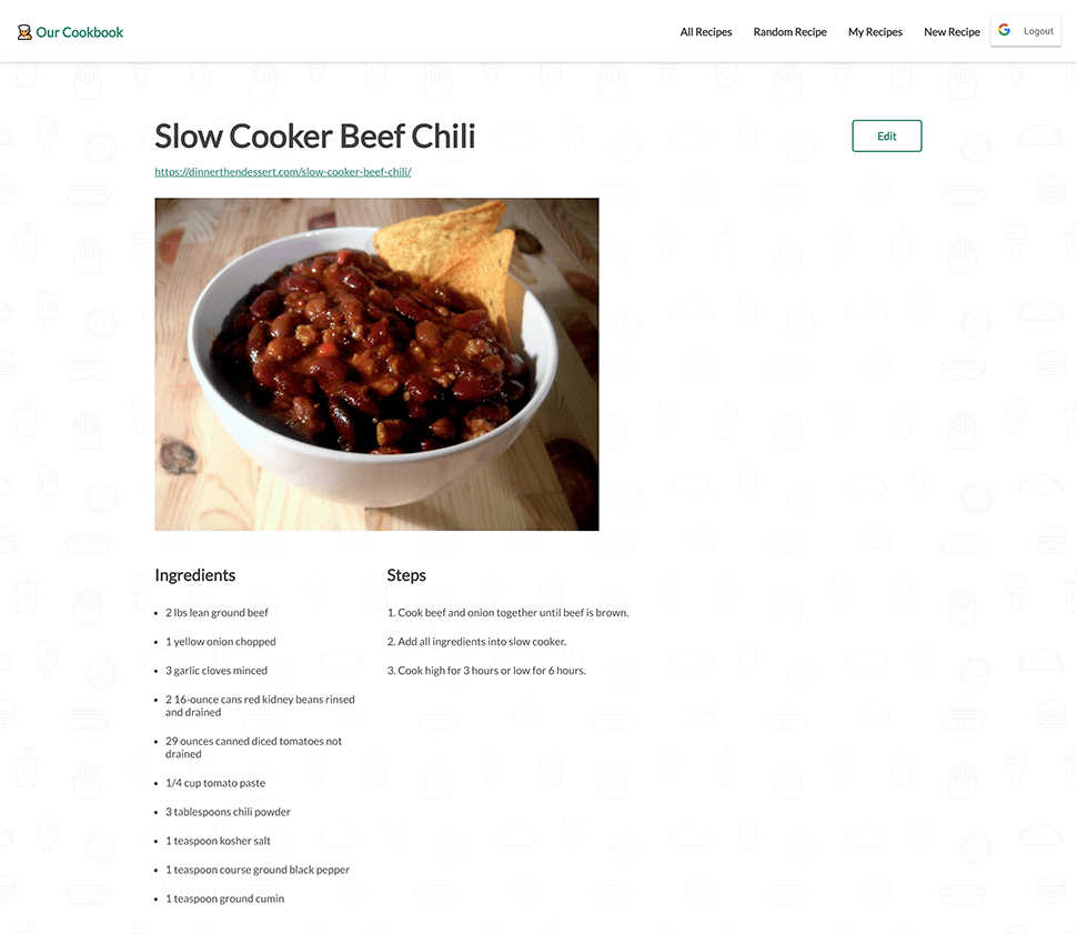 Recipe page for Slow Cooker Beef Chili