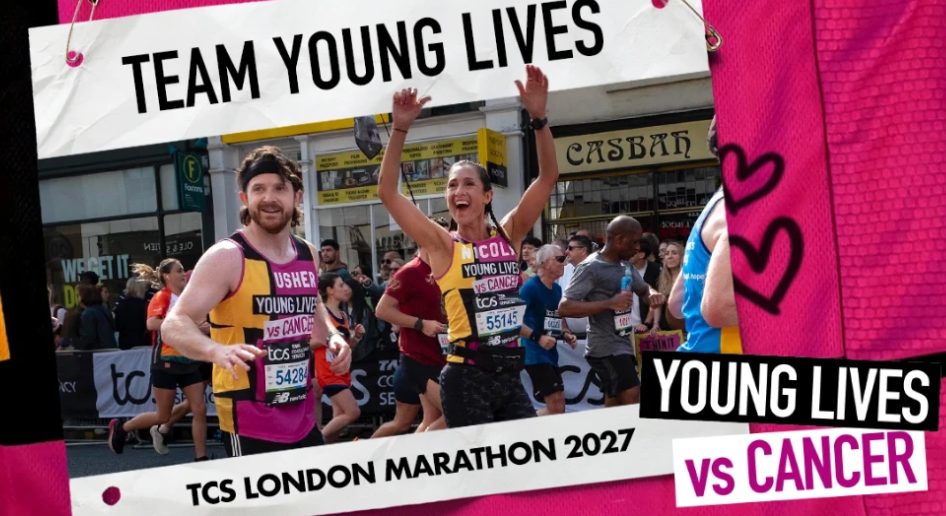 Two runners at the London Marathon wearing Young Lives vs Cancer running tops.