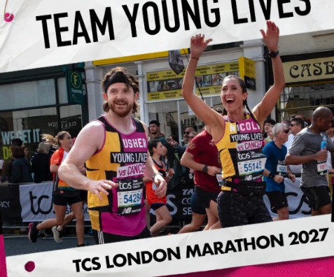 2 marathon runners, male and female, wearing Young Lives vs Cancer running vest, with Team Young Lives above the image and TCS London Marathon 2027 below the image