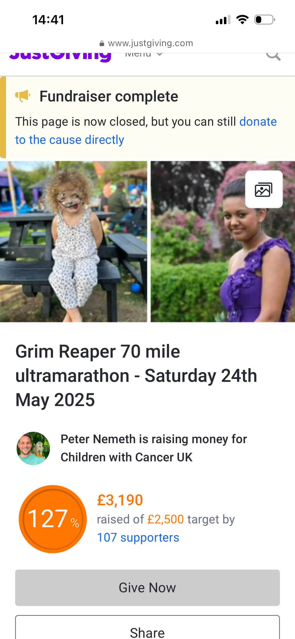Picture of Ivy and another young woman next to each other on a fundraising page with the title of the fundraising event and the total raised in an orange circle. This is part of a Just Giving Page