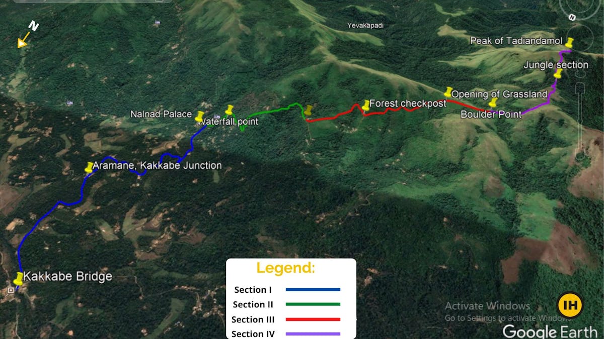 Route Map, Tadiandamol trek, Treks in Coorg, Kodagu district, western ghats, shola forests, Indiahikes