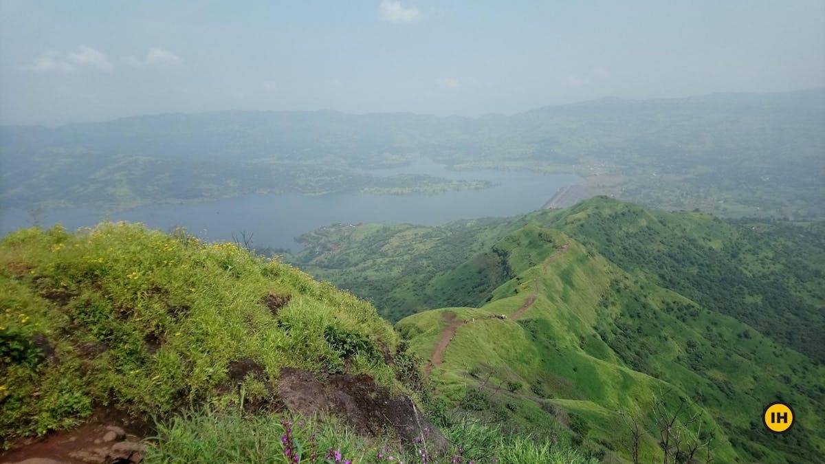 The view from the steep section, Torna Fort trek, treks in Mahrashtra, Sahyadri treks, treks near Pune, Indiahikes