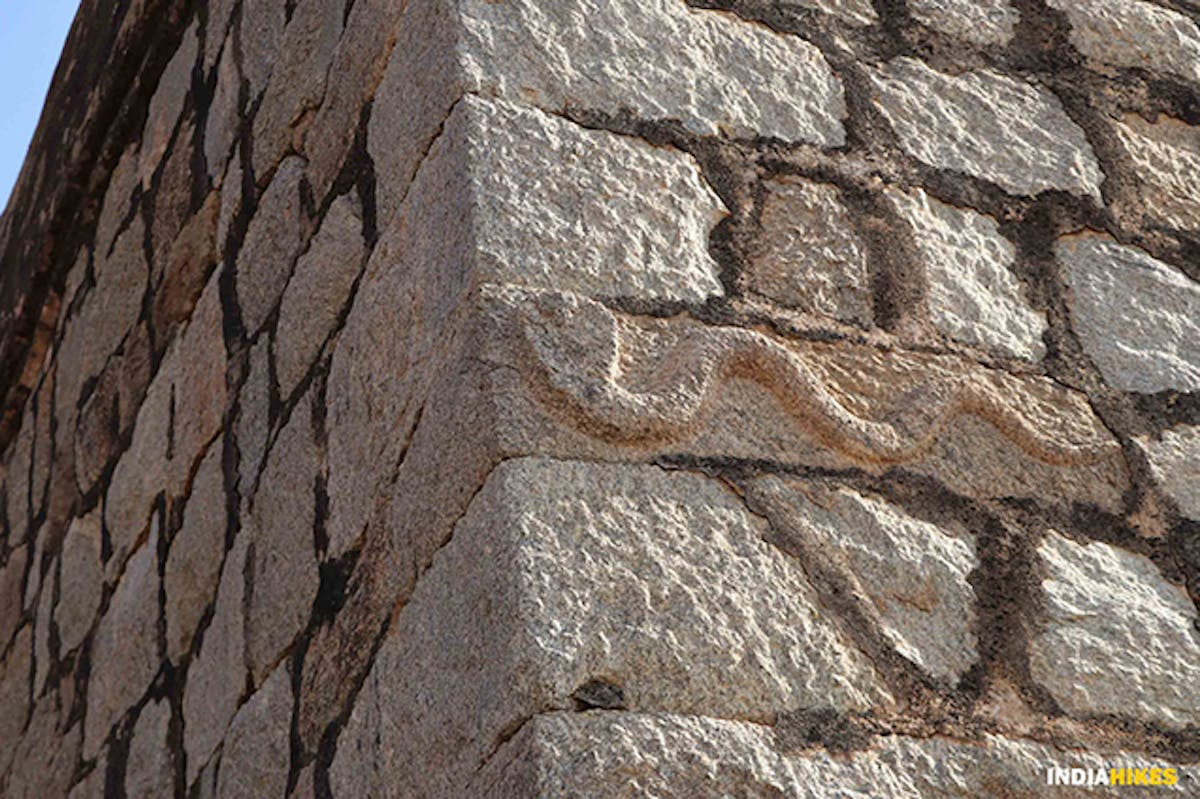 Carving of a snake on the rock. You will spot a few of these if you observe carefully. Picture by Suhas Saya