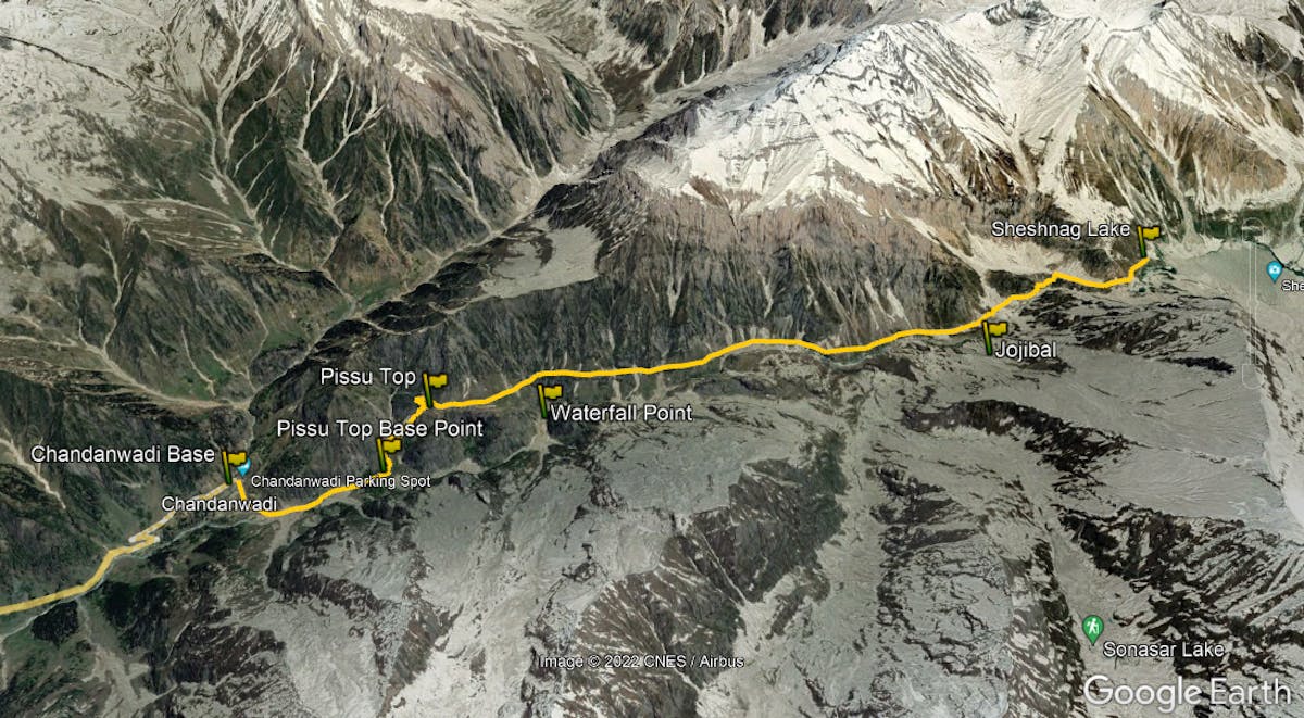 Route Map-Sheshnag Lake Trek-Indiahikes