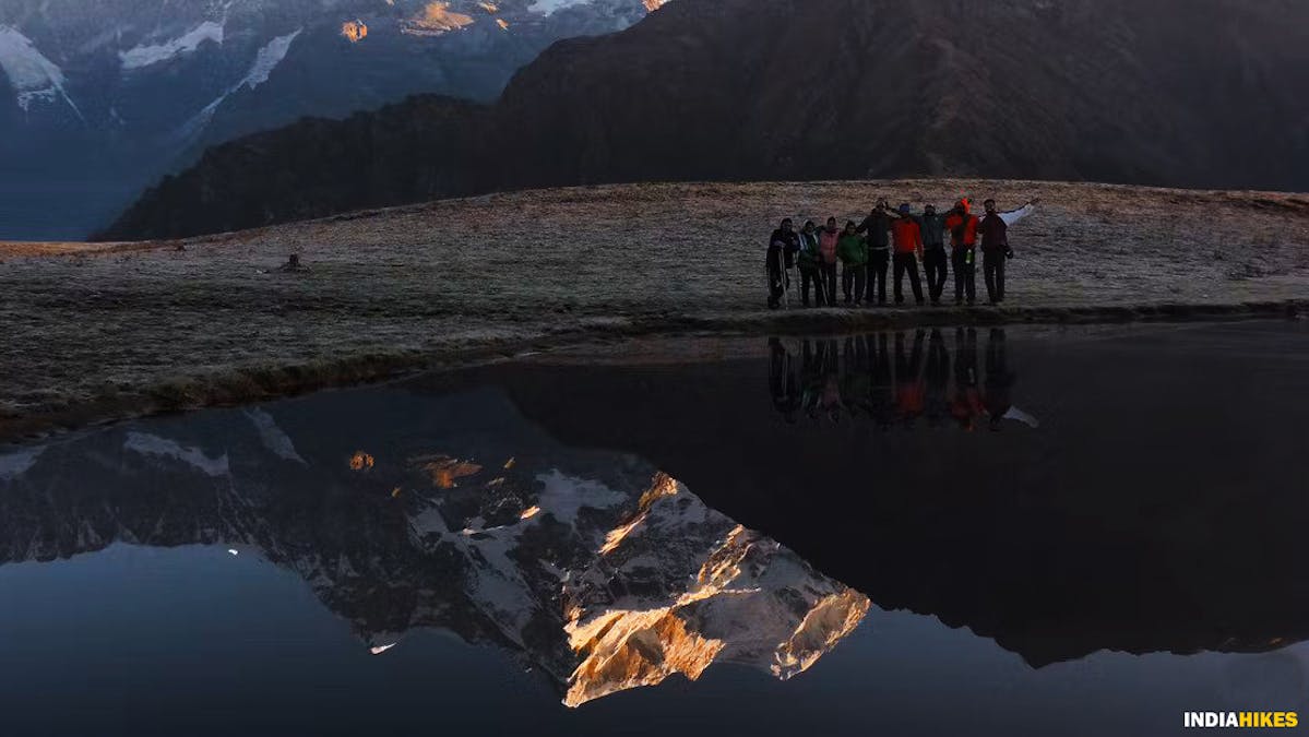 Reflection of Mt Chaukhamba, madmaheshwar trek, buda madmaheshwar trek, treks in Uttarakhand, Uttarakhand treks, Indiahikes, madhya maheshwar temple
