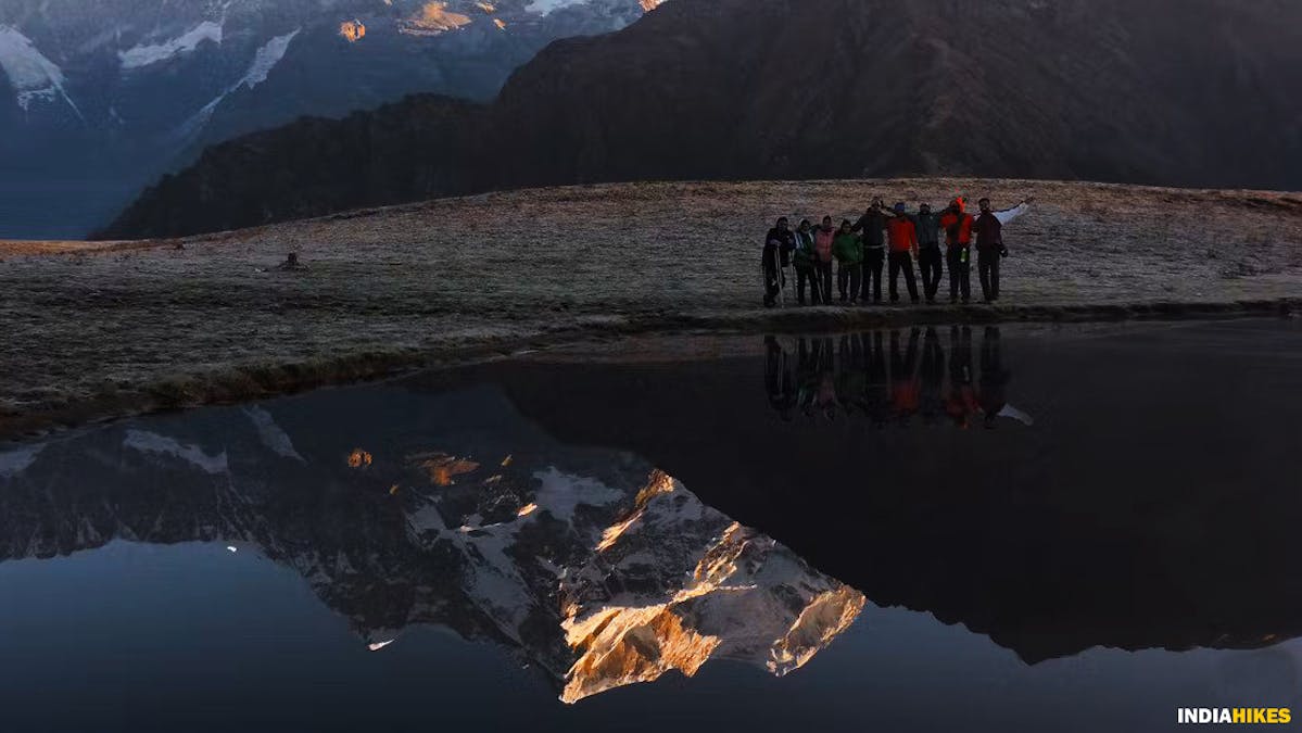 Reflection of Mt Chaukhamba, madmaheshwar trek, buda madmaheshwar trek, treks in Uttarakhand, Uttarakhand treks, Indiahikes, madhya maheshwar temple