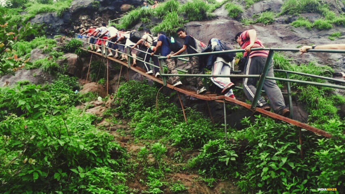 Negotiating through ladder, Kalsubai Peak Trek, Indiahikes, Treks near Mumbai, highest peak in Maharashtra,treks near Pune, Famous treks in Maharashtra, Sahyadri treks