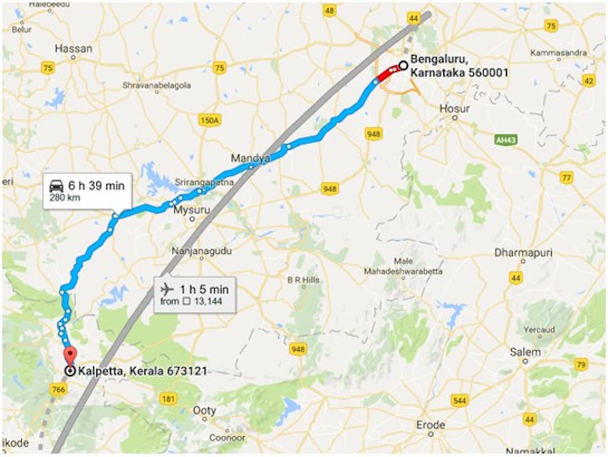 Bangalore-to-Kalpetta map - indiahikes 