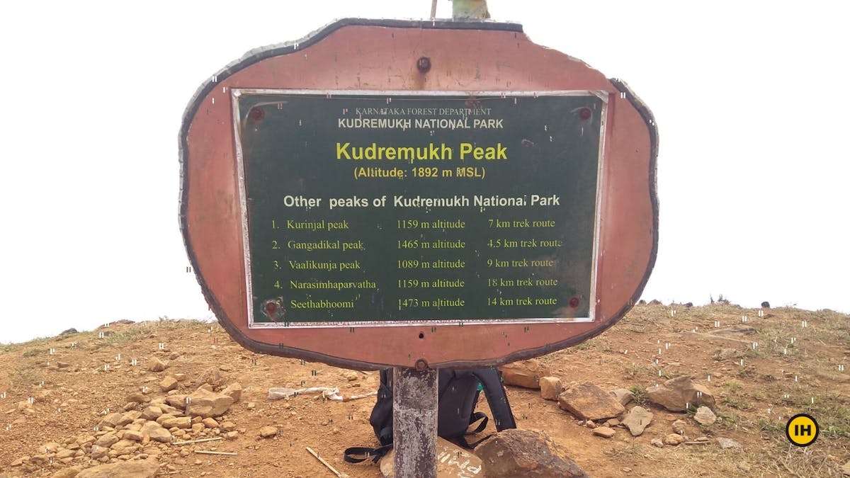 Signboard at the peak, Kudremukh trek, western ghats treks, treks in Karnataka, monsoon treks in Karnataka, Indiahikes