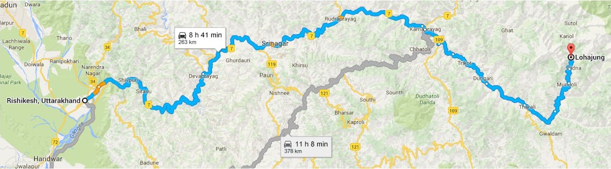 Map from Rishikesh to Lohajung