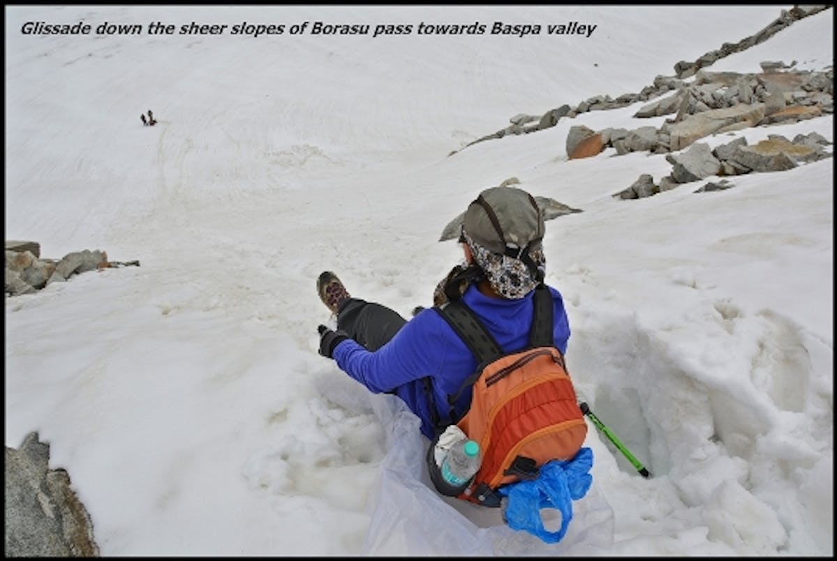 Glissade down the sheer slopes of Borasu Pass
