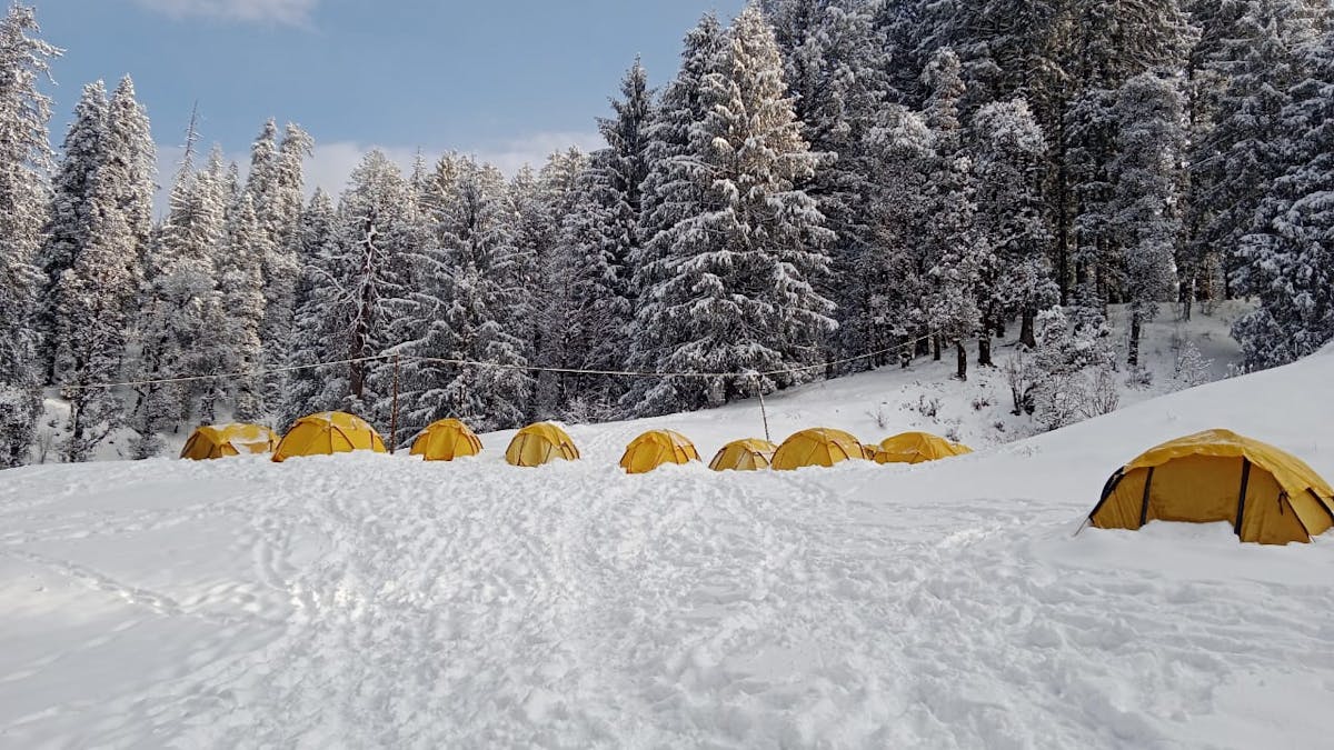 Kedarkantha campsite covered in snow. 