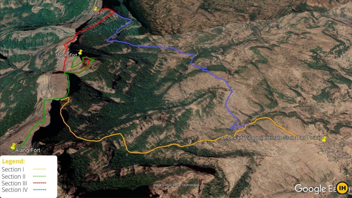 AMK Trek - Alternate route for the complete trek. Screenshot on Google Earth Pro - Indiahikes