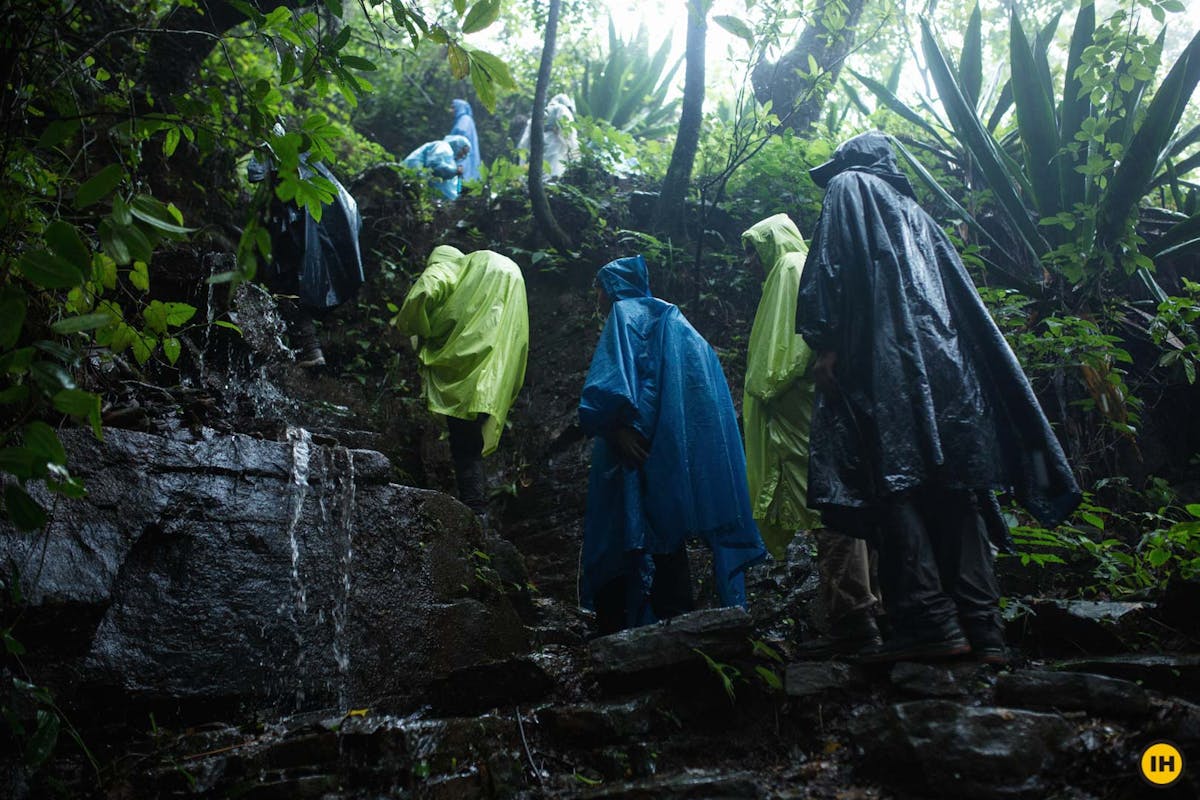 Ascending the rock face, Ballalarayana Durga - Bandaje Arbi trek, western ghats trek, treks in Karnataka, Indiahikes