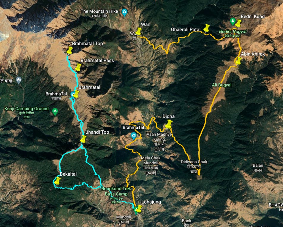 Map marking the trails of Ali Bedni Bugyal and Bramhatal Trek. 