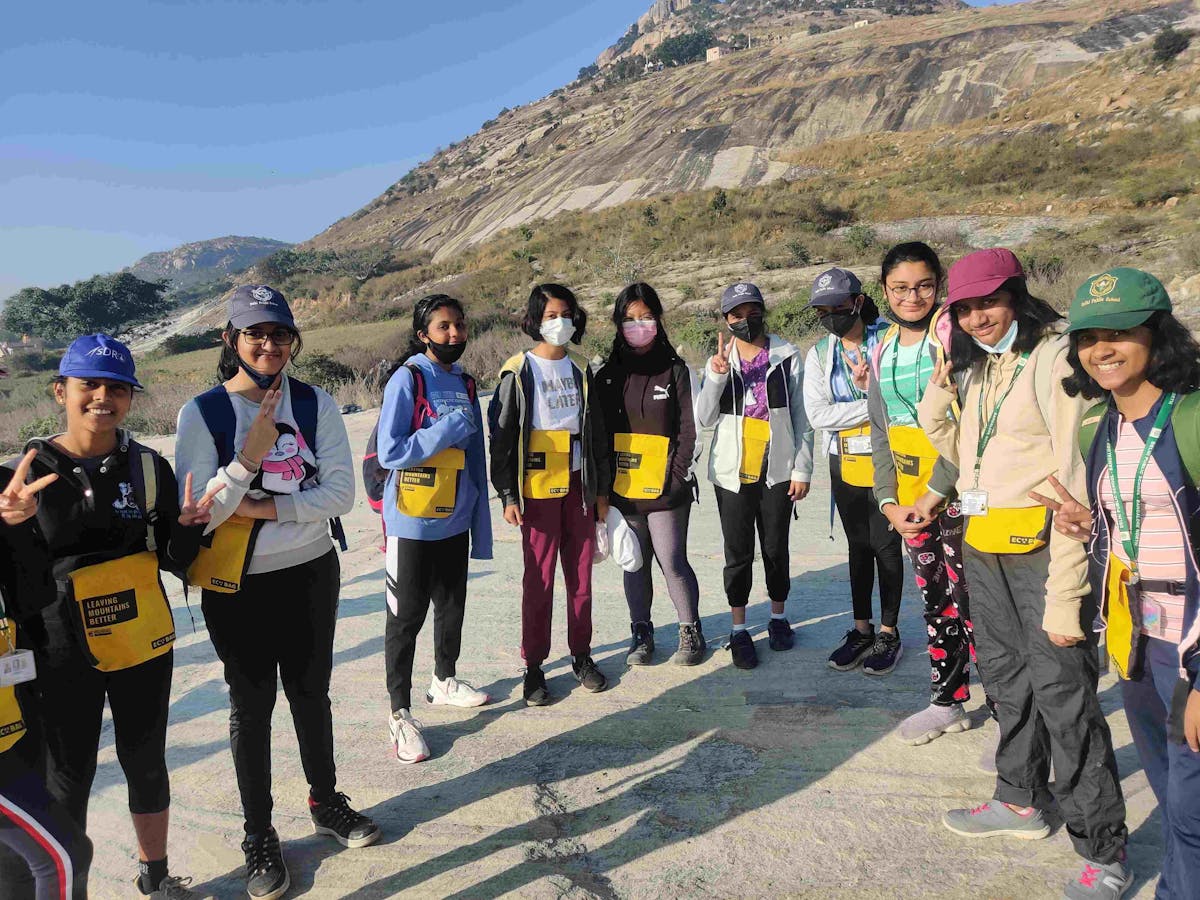 DPS North students posing for a group photo at the Harihara Betta trek. Photo by Prajna Shivaram.