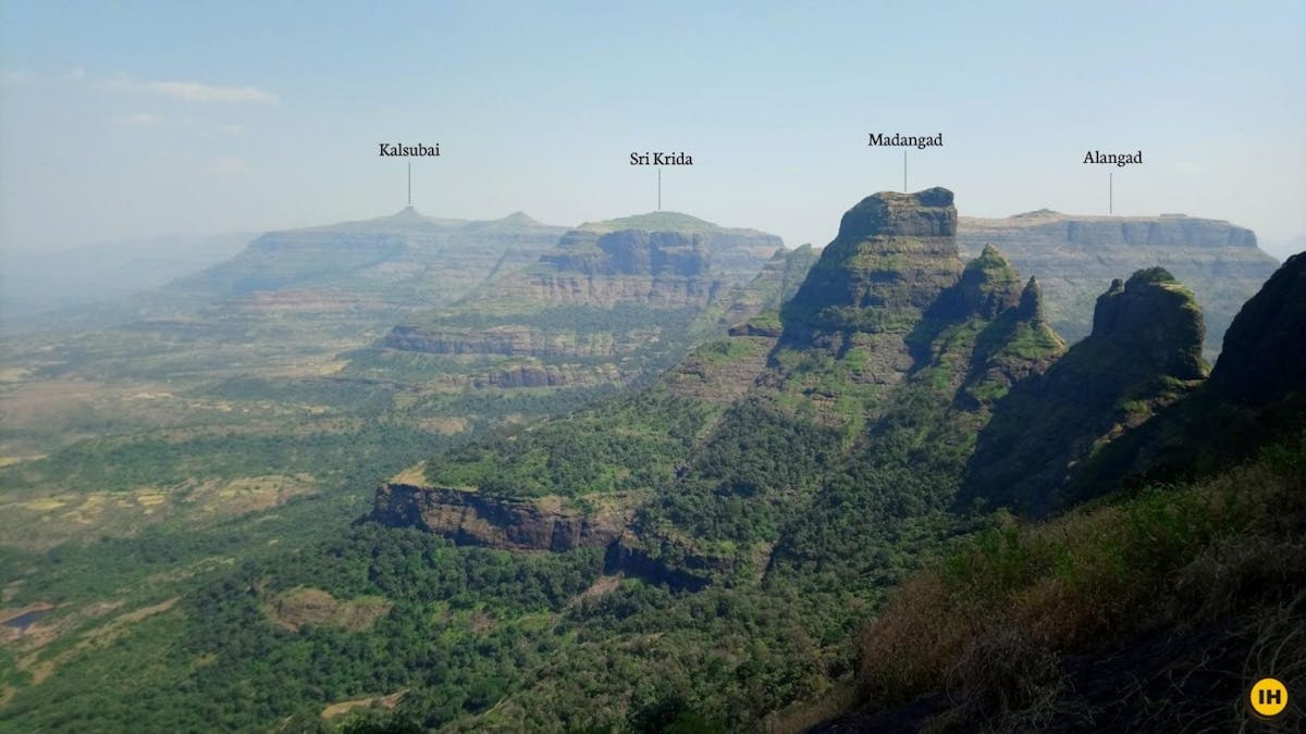 AMK Trek - Alang and Madan forts on the right, with a few other prominent peaks to the left and center - Indiahikes - Nitesh Kumar