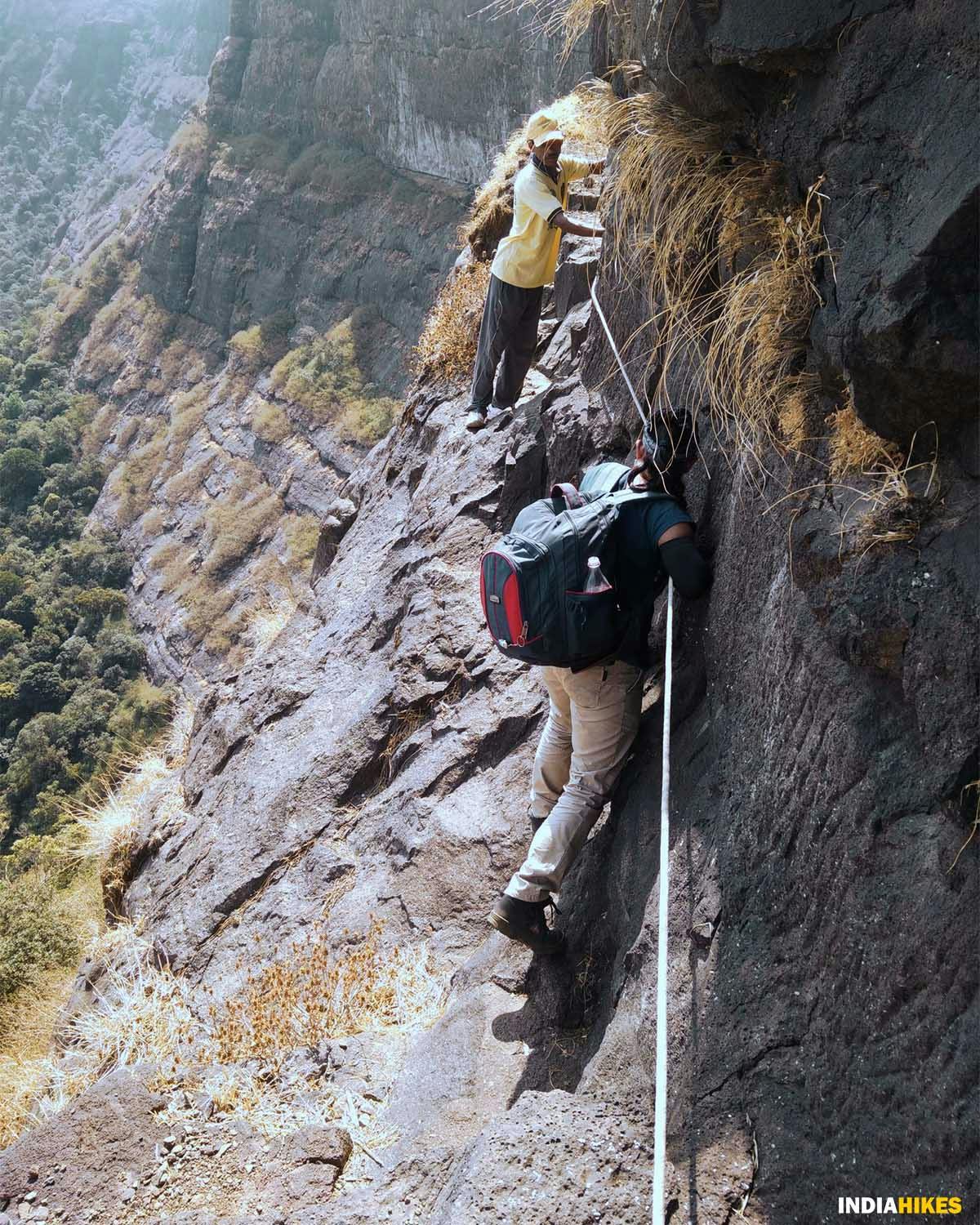 Exposed narrow ledge, AMK trek, Alang Madan Kulang, sahyadri treks, treks in Maharashtra, treks near Mumbai, treks near Pune, western ghats