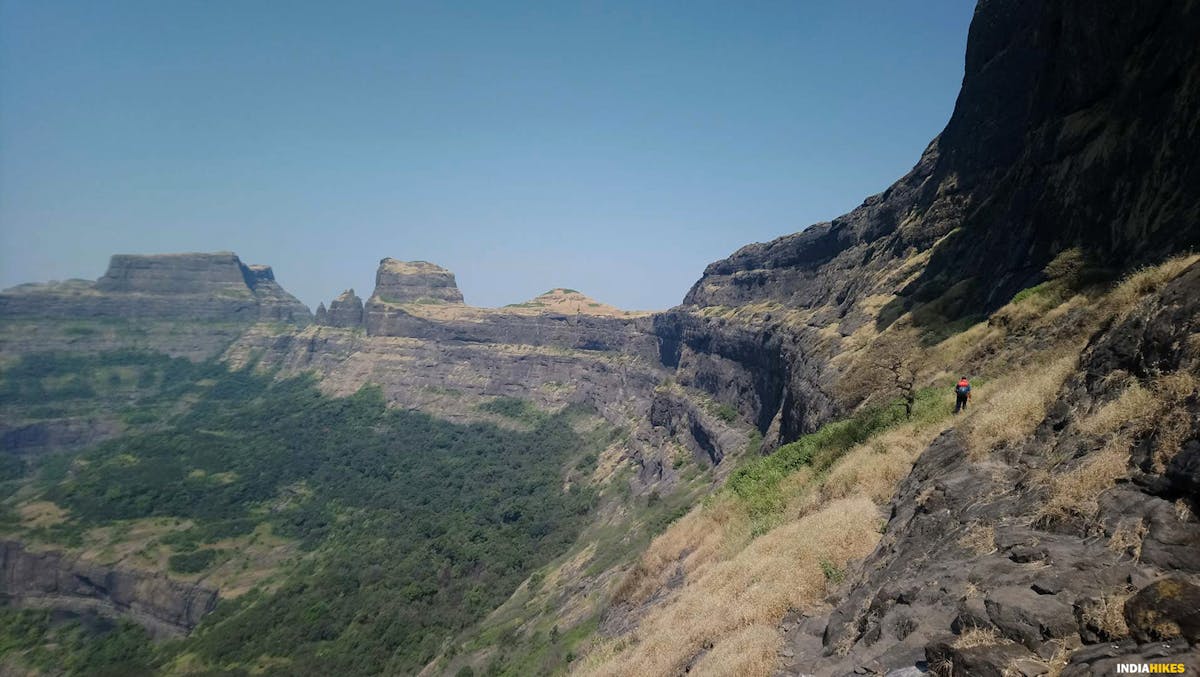 Thrilling ledge walk, exposed ledge, AMK trek, Alang Madan Kulang, sahyadri treks, treks in Maharashtra, treks near Mumbai, treks near Pune, western ghats