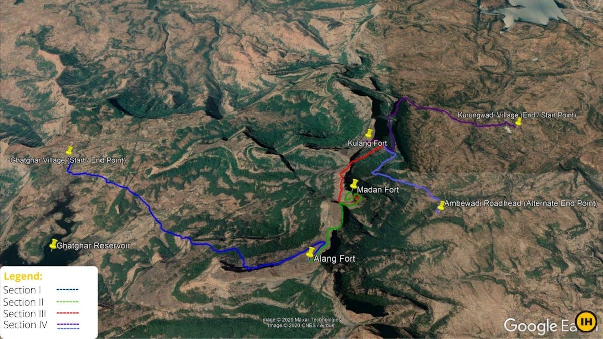AMK Trek - Our preferred route map. Screenshot on Google Earth Pro - Indiahikes