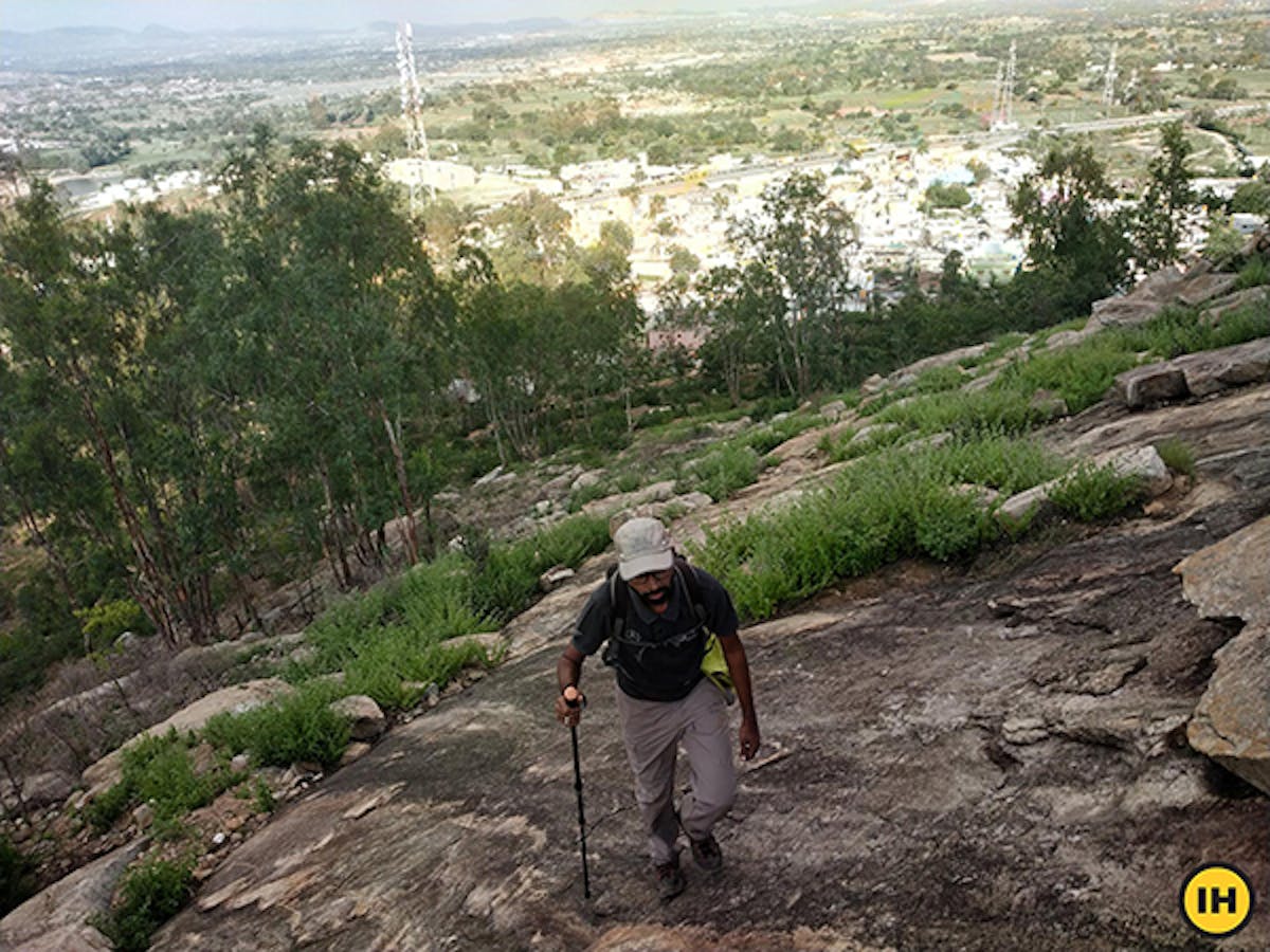 Place your feet carefully, and lock your ankles while trekking on the steep rock section. Using a trekking pole will help. Picture by Saurabh Sawant