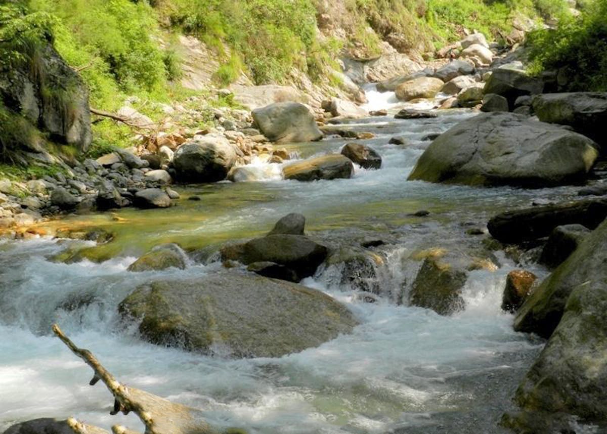 On the way to Barathi Nala with Rivulet Kurpan on Day 1 of Srikhand Mahadev Trek. Treks in Himalachal. Indiahikes