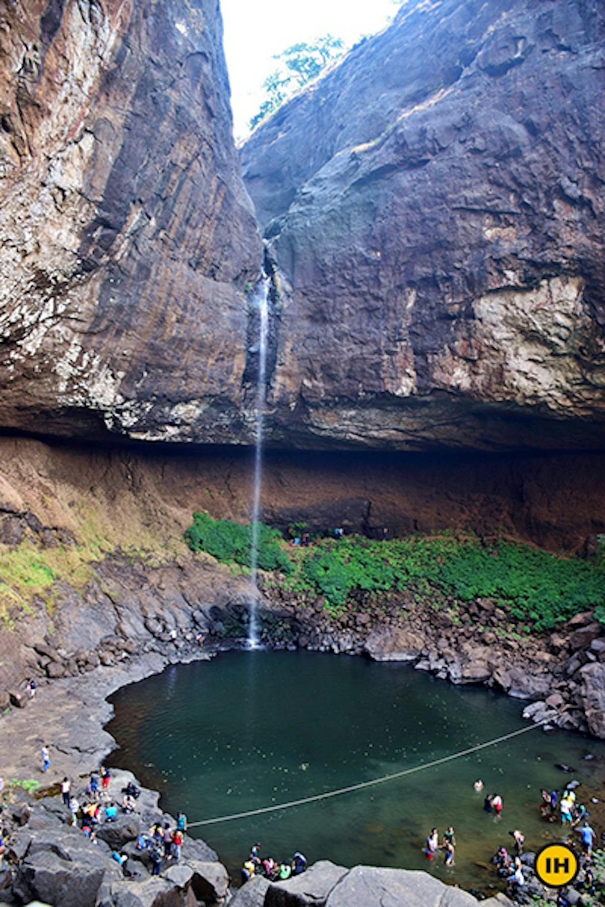 A rope marks out the safe section from the unsafe section in the pool formed by the waterfall PC: Apoorva Karlekar