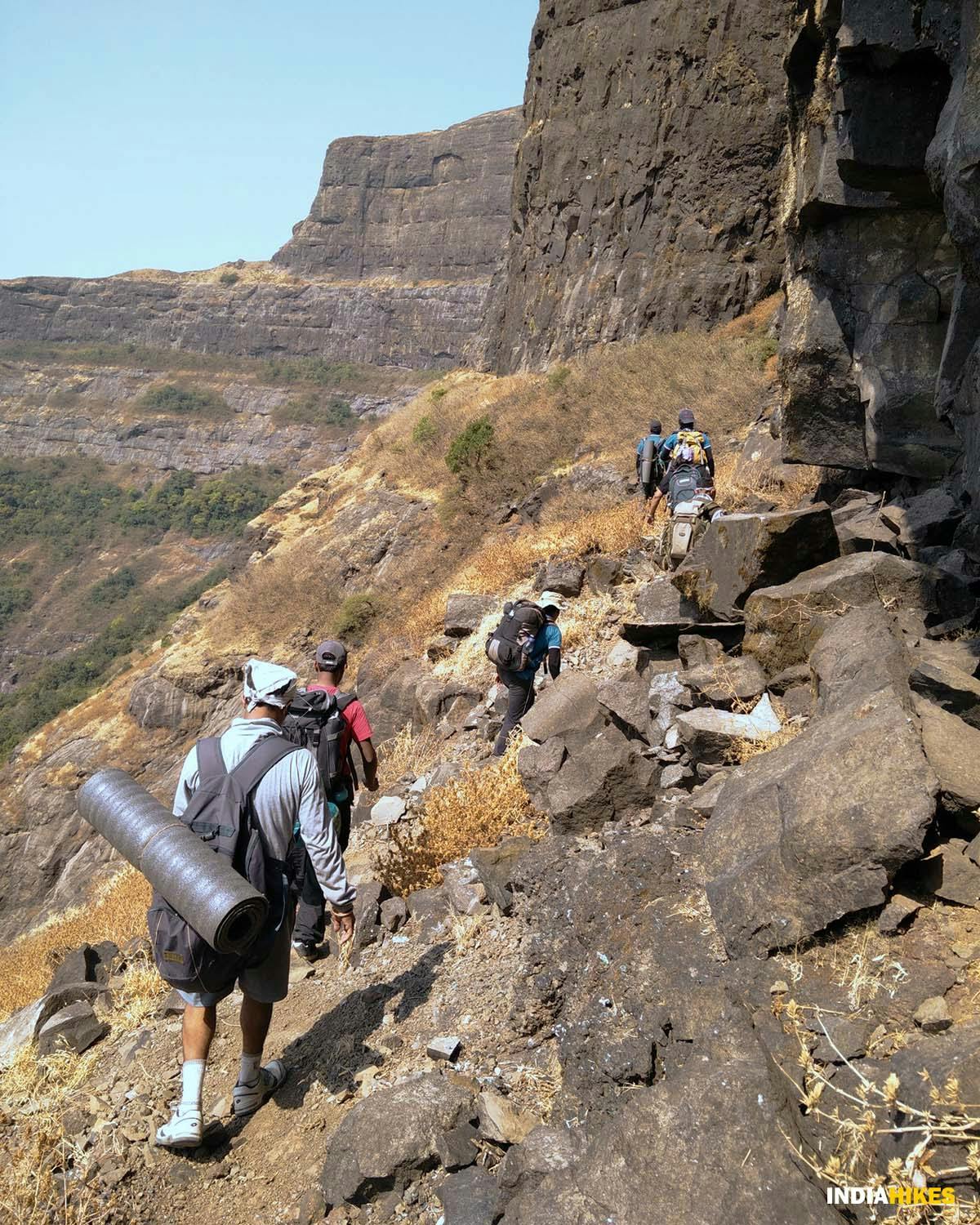 Walking on exposed ledges, AMK trek, Alang Madan Kulang, sahyadri treks, treks in Maharashtra, treks near Mumbai, treks near Pune, western ghats