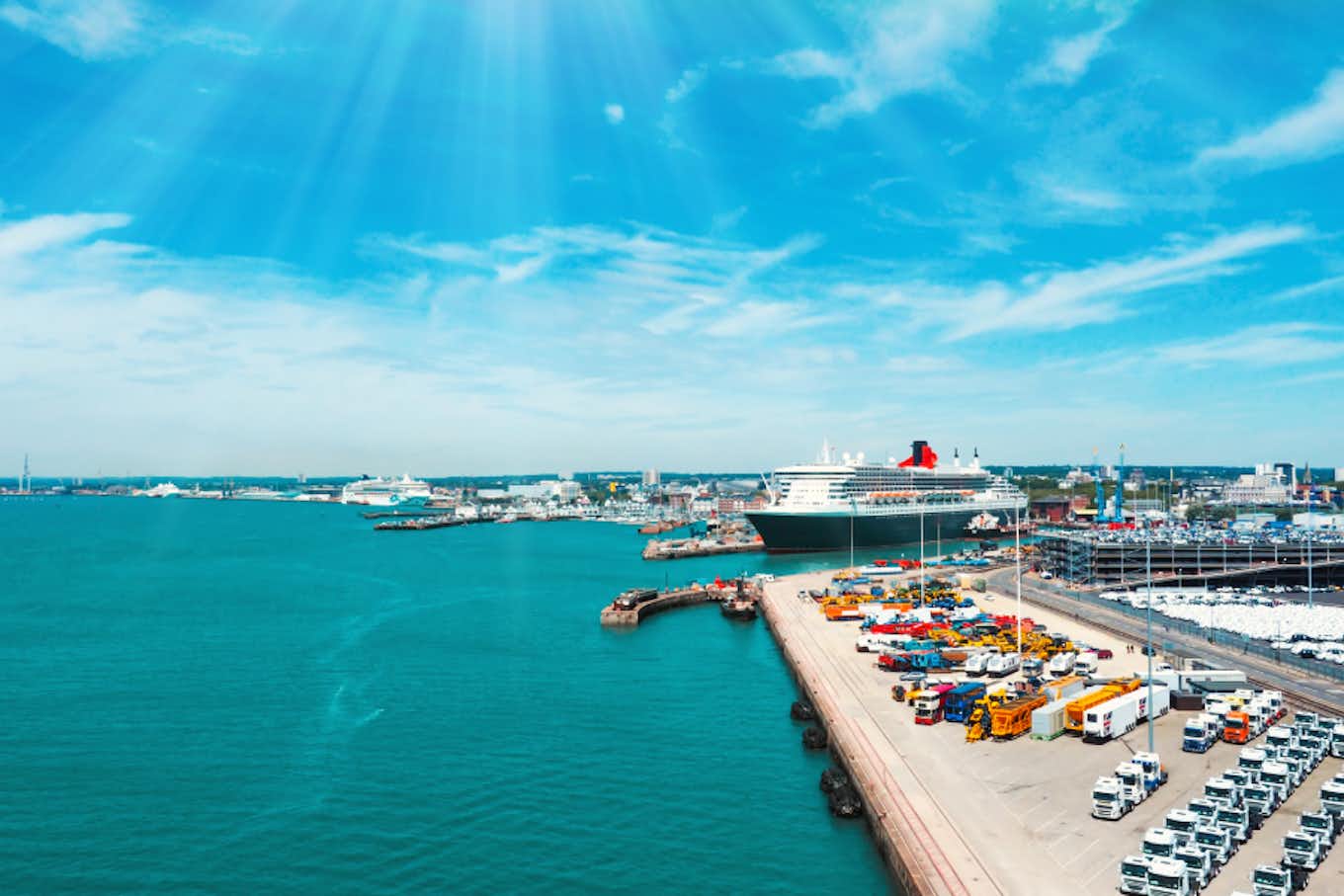 Overview of Southampton port with docked cruise ships.