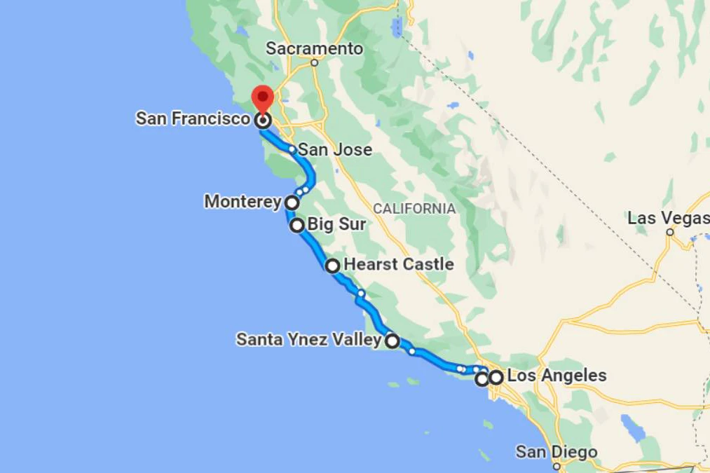 Pacific Coast Highway Road Trip map itinerary