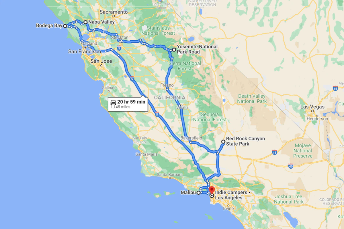 Northern California Trip map itinerary