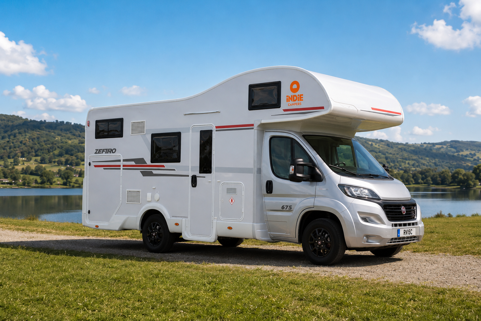 Large white campervan side view, overcab sleeping area, multiple windows, no roof tent visible.