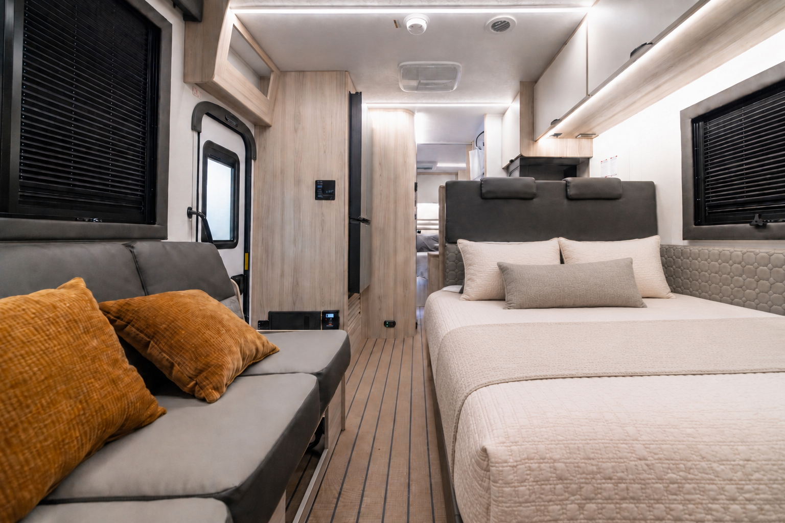 Van interior with a bed, sofa, cabinets, windows, and overhead lighting in a compact layout.
